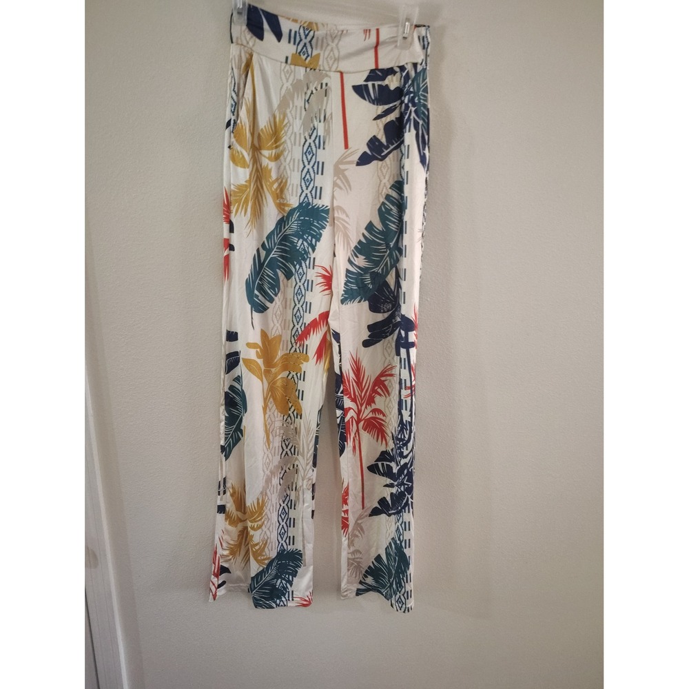 Tropical Palm Print Wide Leg Pants Women Medium High Waist Boho Resort Wear‎